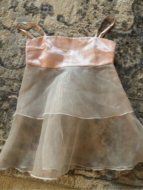 Beginning Boutique Pink Satin Bodice Ivory Sheer Layered Tank